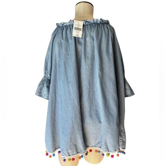 NWT Saks Fifth Avenue Chambray Mini Pom Pom Off-Shoulder Flounce Dress Size S - Picture 3 of 10